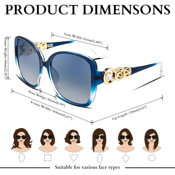 Women's Fashion Square Sunglasses Blue Frame Pearl Sparkling Eyes Protection - Picture 6 of 14
